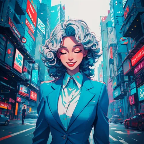 style of aipub, <lyco:aipub-v3:1.0>, , (((masterpiece, best quality, high quality, aipub))), wide shot of a gorgeous woman with short curly silver hair and big wide teal eyes, smiling, closed eyes, open mouth,, business suit outfit, , in a cyberpunk city