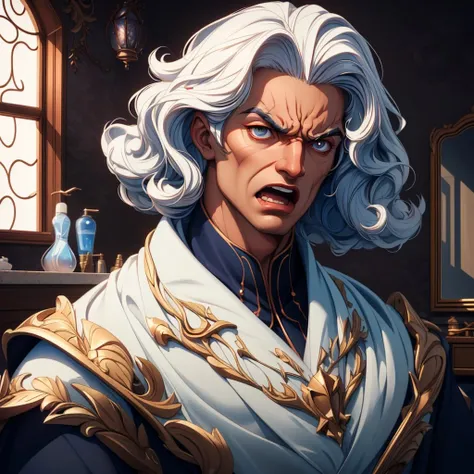 style of aipub, <lyco:aipub-v3:1.0>, , (((masterpiece, best quality, high quality, aipub))), bust of a gorgeous man with medium curly white hair and big narrow ivory eyes, angry, open eyes, open mouth,, wizard outfit, , in the bathroom