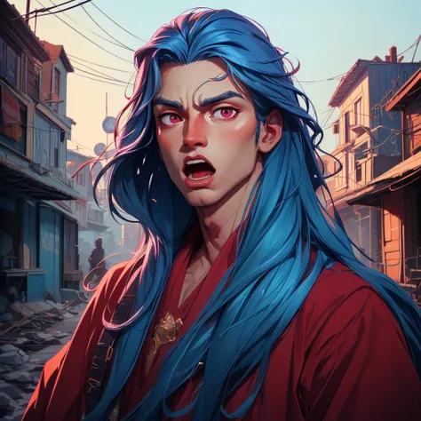 style of aipub, <lyco:aipub-v3:1.0>, , (((masterpiece, best quality, high quality, aipub))), bust of a gorgeous man with long straight blue hair and small narrow maroon eyes, disgusted, open eyes, open mouth,, dougi outfit, , in a post-apocalyptic town