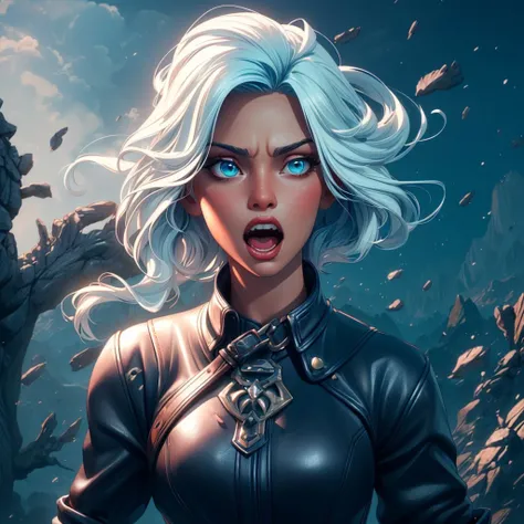 style of aipub, <lyco:aipub-v3:1.0>, , (((masterpiece, best quality, high quality, aipub))), bust of a gorgeous woman with short straight white hair and big wide aquamarine eyes, screaming, open eyes, open mouth,, leather jacket outfit, , in skyrim