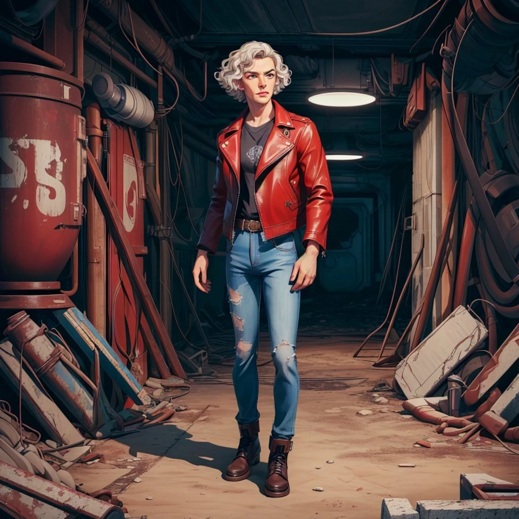 (((masterpiece, best quality, high quality, aipub))), full-body shot of a gorgeous man with short curly platinum hair and big wide platinum eyes, contempt, open eyes, closed mouth,, leather jacket outfit, , in Fallout