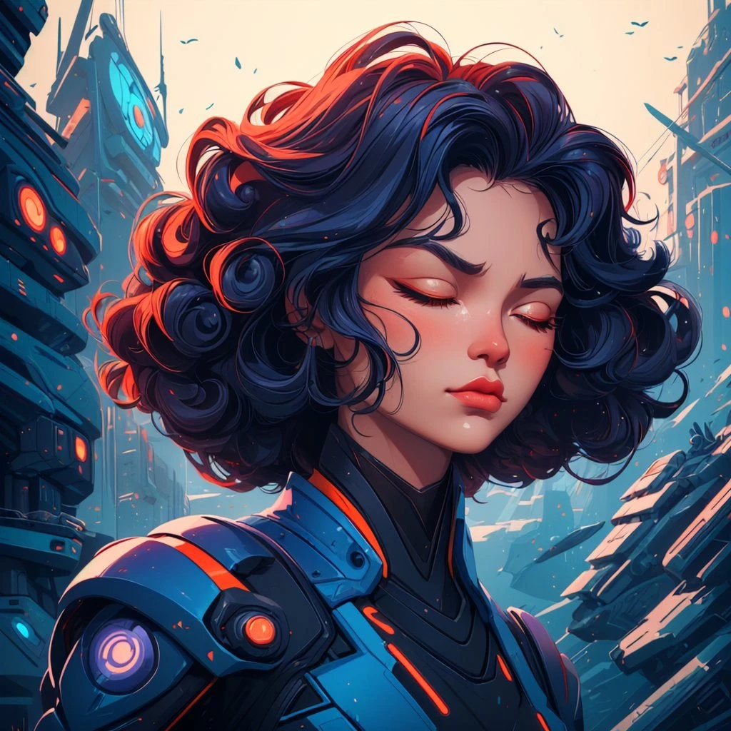style of aipub, <lyco:aipub-v3:1.0>, , (((masterpiece, best quality, high quality, aipub))), close-up of a gorgeous woman with medium curly cerulean hair and small wide orange eyes, disgusted, closed eyes, closed mouth,, ninja outfit, , in a scifi city