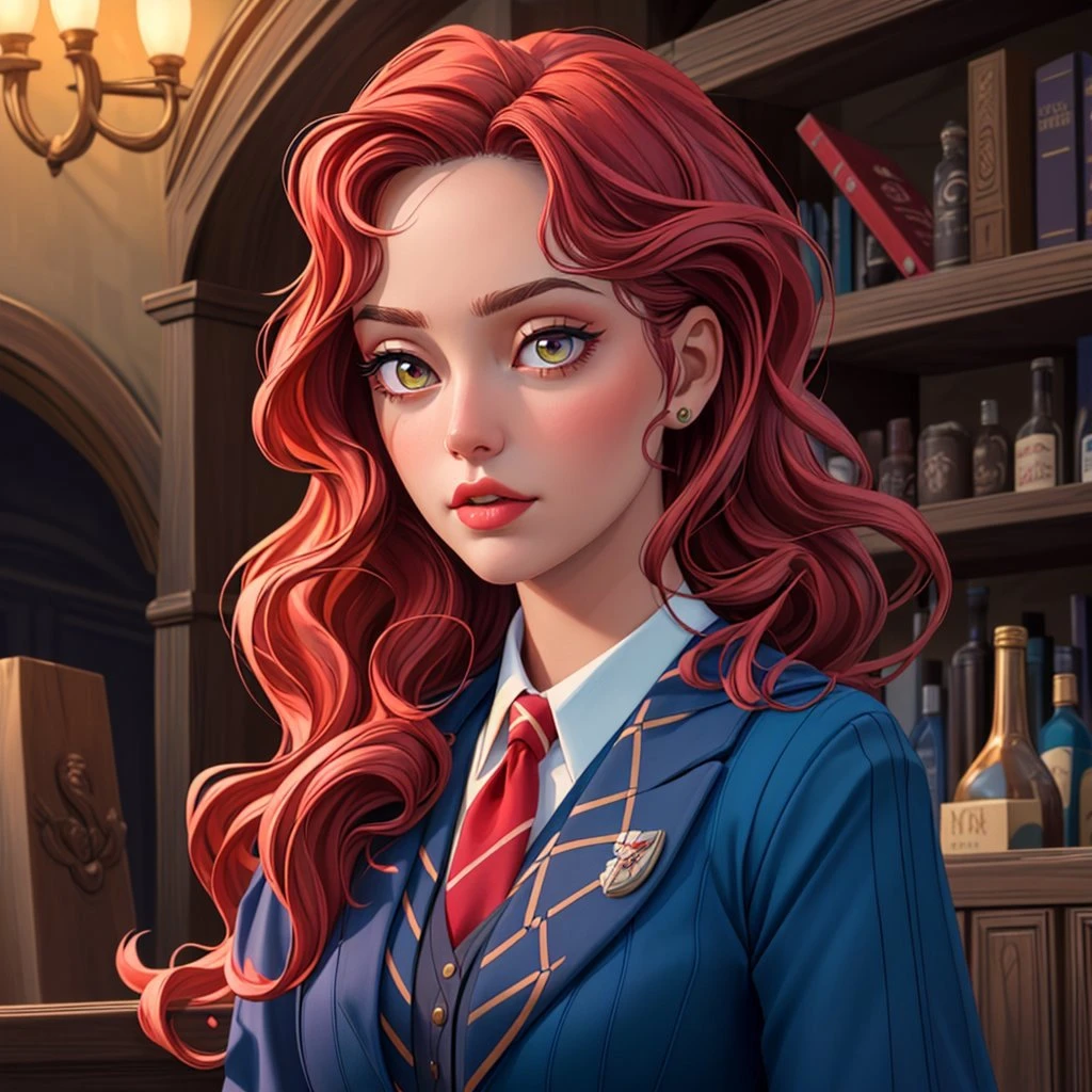 (((masterpiece, best quality, high quality, aipub))), bust of a gorgeous woman with long curly lime hair and small narrow crimson eyes, disgusted, open eyes, closed mouth,, business suit outfit, , at hogwarts