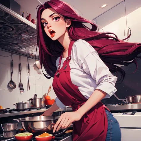 style of aipub, <lyco:aipub-v3:1.0>, , (((masterpiece, best quality, high quality, aipub))), action shot of a gorgeous woman with long straight maroon hair and big wide platinum eyes, scared, open eyes, open mouth,, casual clothes outfit, , in the kitchen