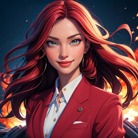 , (((masterpiece, best quality, high quality, aipub))), portrait of a gorgeous woman with long straight lime hair and big narrow crimson eyes, smiling, open eyes, closed mouth,, business suit outfit, , in a crazy action scene with explosions