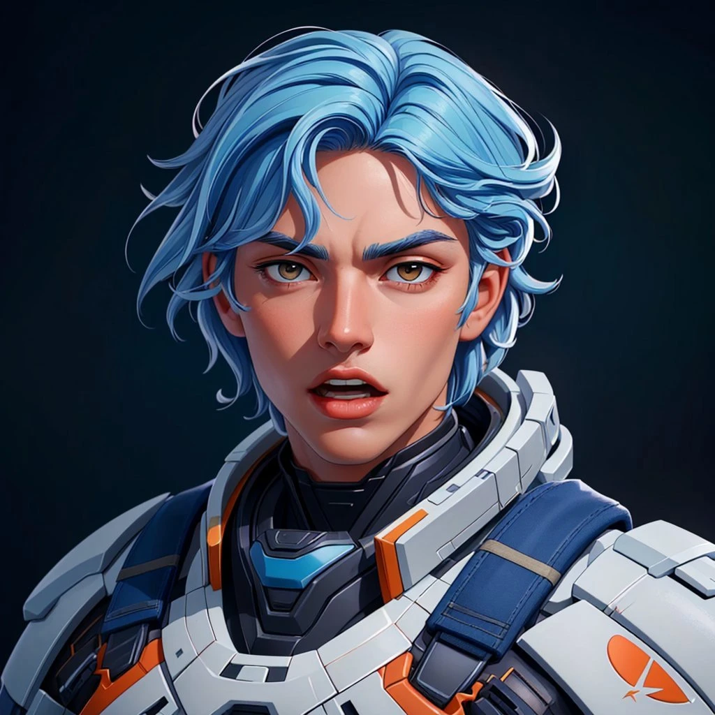 (((masterpiece, best quality, high quality, aipub))), bust of a gorgeous man with medium straight blue hair and small wide white eyes, contempt, open eyes, open mouth,, tactical gear outfit, , in a spaceship