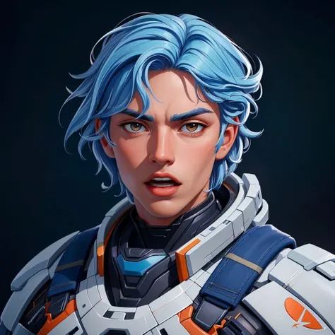 (((masterpiece, best quality, high quality, aipub))), bust of a gorgeous man with medium straight blue hair and small wide white eyes, contempt, open eyes, open mouth,, tactical gear outfit, , in a spaceship