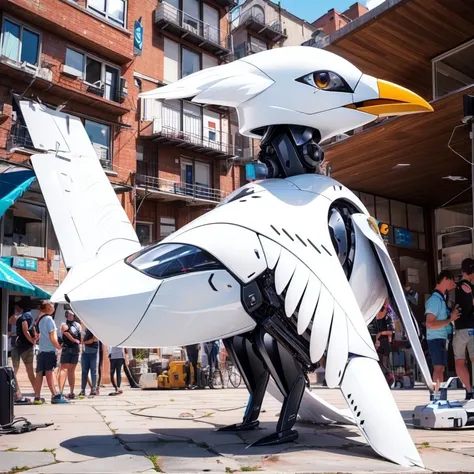 (((masterpiece, best quality, high quality, cute mechanized seagul-shaped teslabot))), full-body shot of a (((seagul AND teslabot))), <lyco:tslabot-000015:1.0>, no humans, solarpunk background
