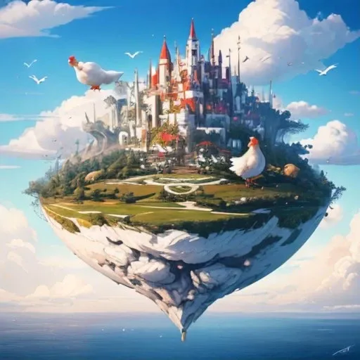 (((masterpiece, best quality, high quality))), beautiful shot of a chicken teslabot, puce and ivory teslabot of a chicken , Virtual Reality World, Digital realm with vibrant landscapes, floating islands, fantastical creatures, and avatars. <lyco:tslabot-000015:1.0>
