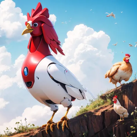 (((masterpiece, best quality, high quality))), beautiful shot of a (chicken teslabot) in the sky <lyco:tslabot-000015:1.0>, ((chicken teslabot))