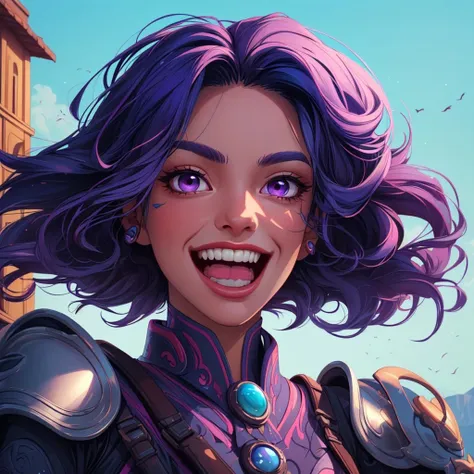 style of aipub, <lyco:aipub-v3:1.0>, , (((masterpiece, best quality, high quality, aipub))), close-up of a gorgeous woman with short straight jade hair and small wide purple eyes, laughing, open eyes, closed mouth,, tactical gear outfit, , in a rpg town