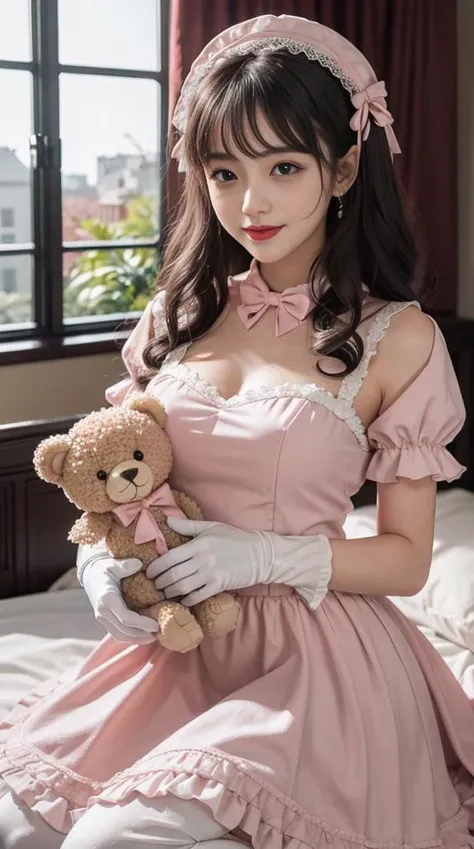 1girl, photo, masterpiece, sweetlolita at bedroomgothic gothic interior, silver curly hair, pink dress fabric, heart shape on cheek, blush pink makeup, gloves, smile, pastel color, ornate, broderry, holding stuffed teddy bear, bokeh, <lora:ARWSweetLolita:1> <lora:ARWBedroomGothic:0.4>