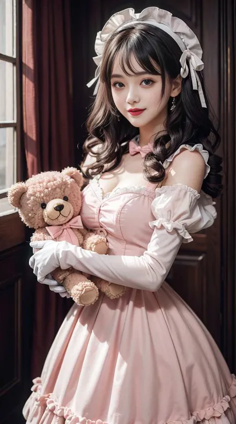1girl, photo, masterpiece, sweetlolita at bedroomgothic gothic interior, silver curly hair, pink dress fabric, heart shape on cheek, blush pink makeup, gloves, smile, pastel color, ornate, broderry, holding stuffed teddy bear, bokeh, <lora:ARWSweetLolita:1> <lora:ARWBedroomGothic:0.4>