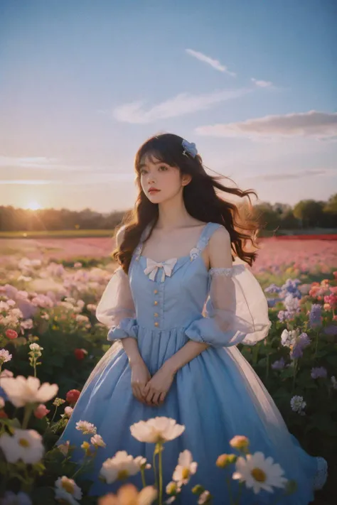 1girl,<lora:è±ç°é:0.7>,flower,elegant,cute,wind,flower field,too many flowers,<lora:ARWSweetLolita:1>,sweetlolita,bow,long hair,lace,look at the distance,sunset shimmer,depth of field,soft light,(floating hair:1.1),cowboy shot,<lora:MengX girl_Mix_V40:0.8>,fisheye,<lora:zoom_slider_v1:-4>,