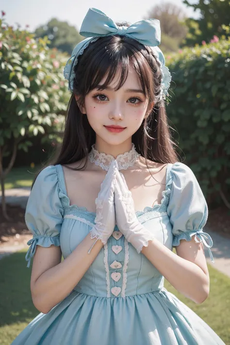 1girl, photo, masterpiece, sweetlolita, tosca dress fabric, heart shape on cheek, blush pink makeup, gloves, smile, pastel color, ornate, broderry, bokeh, <lora:ARWSweetLolita:1>