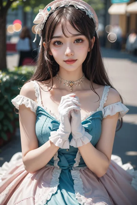 1girl, photo, masterpiece, sweetlolita, tosca dress fabric, heart shape on cheek, blush pink makeup, gloves, smile, pastel color, ornate, broderry, bokeh, <lora:ARWSweetLolita:1>