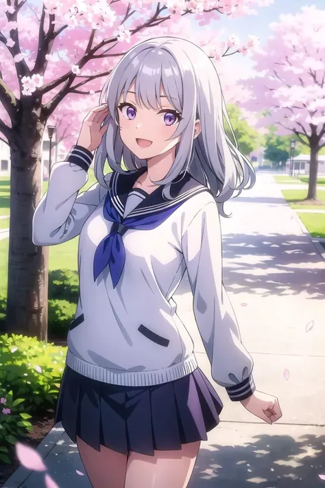 (masterpiece),  scenery,  school,  cherry blossoms,  petals,  1girl,  sailor,  wavy hair,  smile,  open mouth,  silver hair,  purple eyes,  looking at viewer