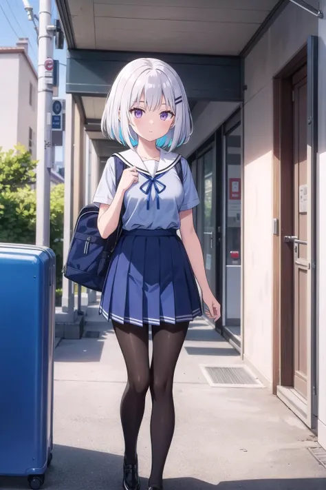 (masterpiece), 1girl, silver hair, medium hair, multicolored hair, purple eyes, medium breasts, kindergarten uniform, blue shirt, neck ribbon, white sailor collar, blue skirt, pleated skirt, backpack, randoseru, black pantyhose, black footwear
