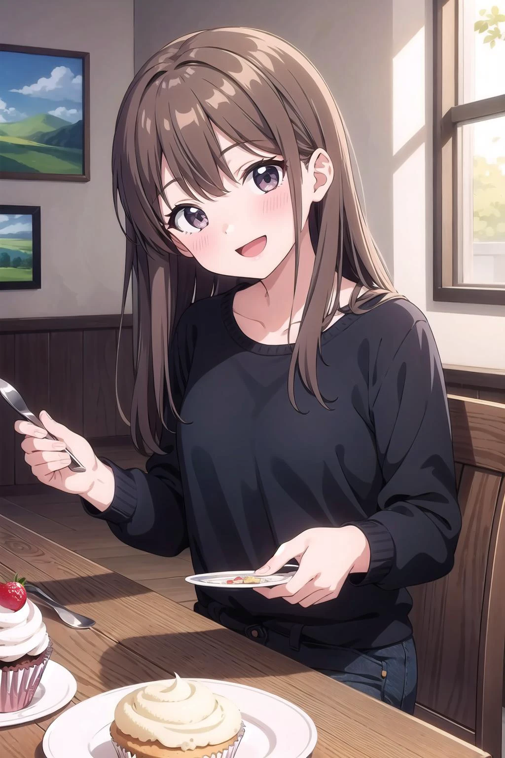 (masterpiece), indoors, cupcake, sitting, table, head tilt, looking at viewer, holding food, 1girl, blush, smile, open mouth, long hair, light brown hair