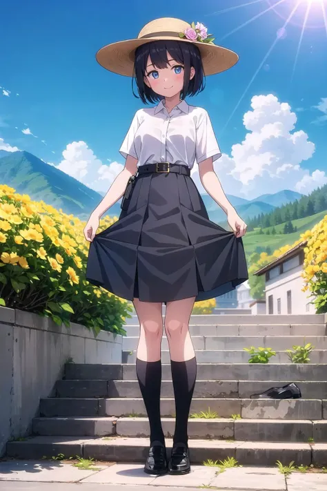 (masterpiece), 1girl, solo, outdoors, skirt, blue eyes, stairs, sun, hat, mountain, shirt, blush, skirt hold, shoes, looking at viewer, black socks, black skirt, sky, black hair, day, white shirt, loafers, bangs, belt, black footwear, full body, cloud, short hair, standing, kneehighs, blue sky, black belt, flower, plant, tree, high-waist skirt, hat flower, smile