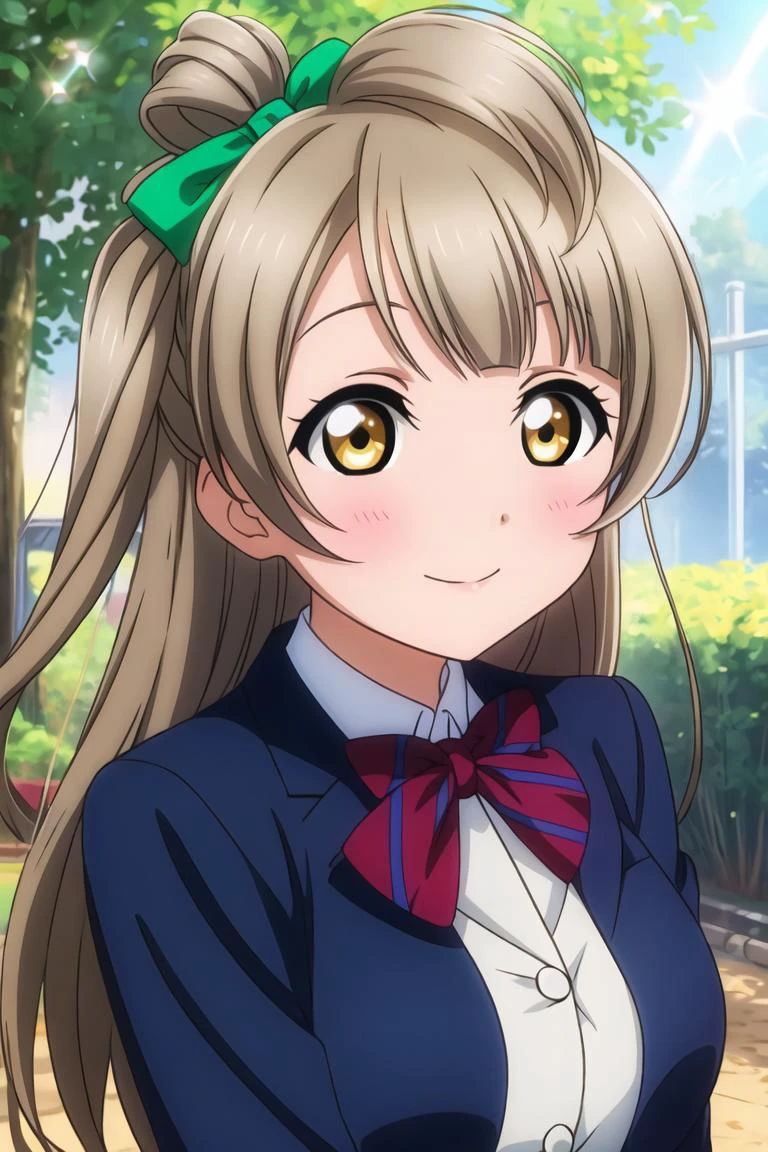 <lora:Koto-Umi-Riko-Shizu-Setsu-LLAS:0.8> <lora:GoodHands-beta2:1> <lora:veye3:0.6> <lora:add_detail:0.6>
(masterpiece:1.2), (best quality:1.2), (highres:1.2), (perfect anatomy:1.2), (beautiful eyes:1.4), (detailed face and eyes:1.4),
(1girl:1.2), upper body
BREAK
(kotori-llas:1.3), (green bow:1.1), huge breasts, smile
BREAK
(otonokizaka school uniform, winter uniform, dark blue jacket:1.3), closed jacket, school uniform, long sleeves
BREAK
(red bowtie, striped bowtie), (blue skirt, pleated skirt, plaid skirt)
BREAK
garden, tree, (light particles:1.2), (lens flare:1.2), (sunbeam:1.2), sparkle background, depth of field
