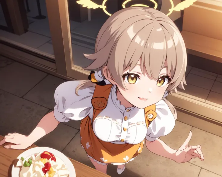 <lora:anna_miller,annmiller:1>
<lora:hifumi-t94-e6:1>
ajitani hifumi
, 1girl, petite
, halo, low twintails, light brown hair, yellow eyes
, annmiller, orange skirt, puffy sleeves
, smile, wink
, full body, medium breasts, solo.
restaurant.
close-up.