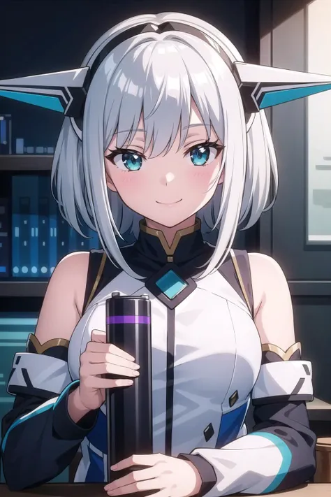 (masterpiece), (science fiction:1.2), 1girl, smile, silver hair, aqua eyes, headgear, long sleeves, detached sleeves