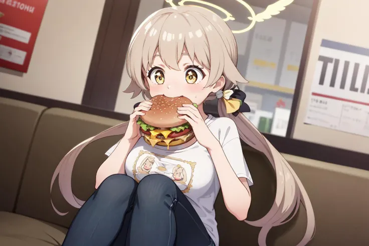 <lora:borger-nvwls-v4:0.7>
<lora:hifumi-t94-e6:1>
ajitani hifumi
, 1girl, petite
, halo, low twintails, light brown hair, shocked, surprised
, t-shirt, jeans, sitting
, medium breasts, :d, (yellow eyes:0.9), solo, eating, holding huge burger with both hands.
restaurant.
close-up.