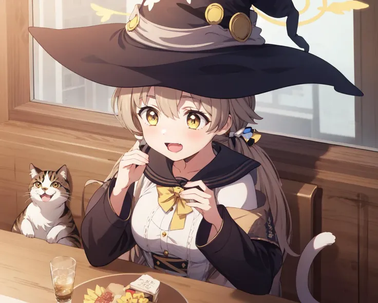 <lora:borger-nvwls-v4:0.7>
<lora:hifumi-t94-e6:1>
ajitani hifumi
, 1girl, petite
, halo, low twintails, light brown hair
, (witch, witch hat:1.1), full body
, medium breasts, :d, (yellow eyes:0.9), solo.
stuffed toy, cat, [broom:4].
close-up.