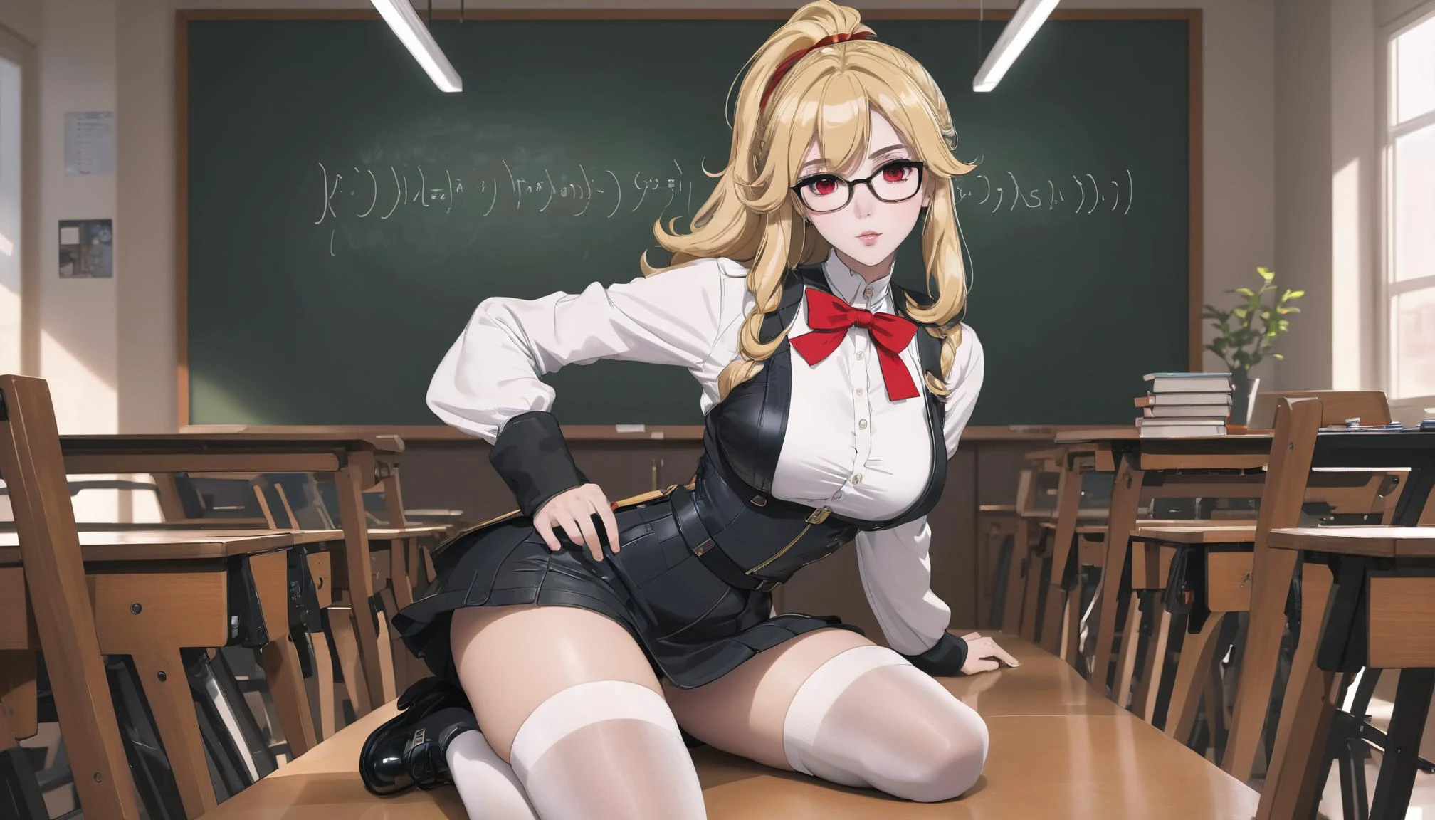 <lora:EnvyActionShotXL01:0.5>, action shot, raw photo, <sideview|backview>, blonde teacher with cute makeup, age 35, face detailing, (holding textbook: 1.4) , narrow shoulders, black tight superminiskirt 25 cm long with slit on the back, wide hips, in high-heeled shoes, in the crowded classroom, white tight - fitting blouse , stylish glasses in a thin frame, (Thigh high socks :1.5), ponytail, red eyes, red ribbon, skin tight , (side breasts) , shoulder, collarbone, students, desks ,chairs, long earrings, textbooks, blackboard, classroom, graphic eyeliner, rouge, (choker:0.9), realistic skin texture, cinematic light,, very thin waist, <lora:SDXL_MassiveCowsLoRA_v1:0.1> breasts, cleavage, slim body,, (8k, masterpiece, best quality, ultra-detailed), (an extremely delicate and beautiful)kawaii, cute, very big eyes, Aesthetic Anime Eyes, small face, large breasts, cinematic lighting, , Intricate, High Detail, Sharp focus, dramatic, masterpiece, best quality, ultra-detailed,
