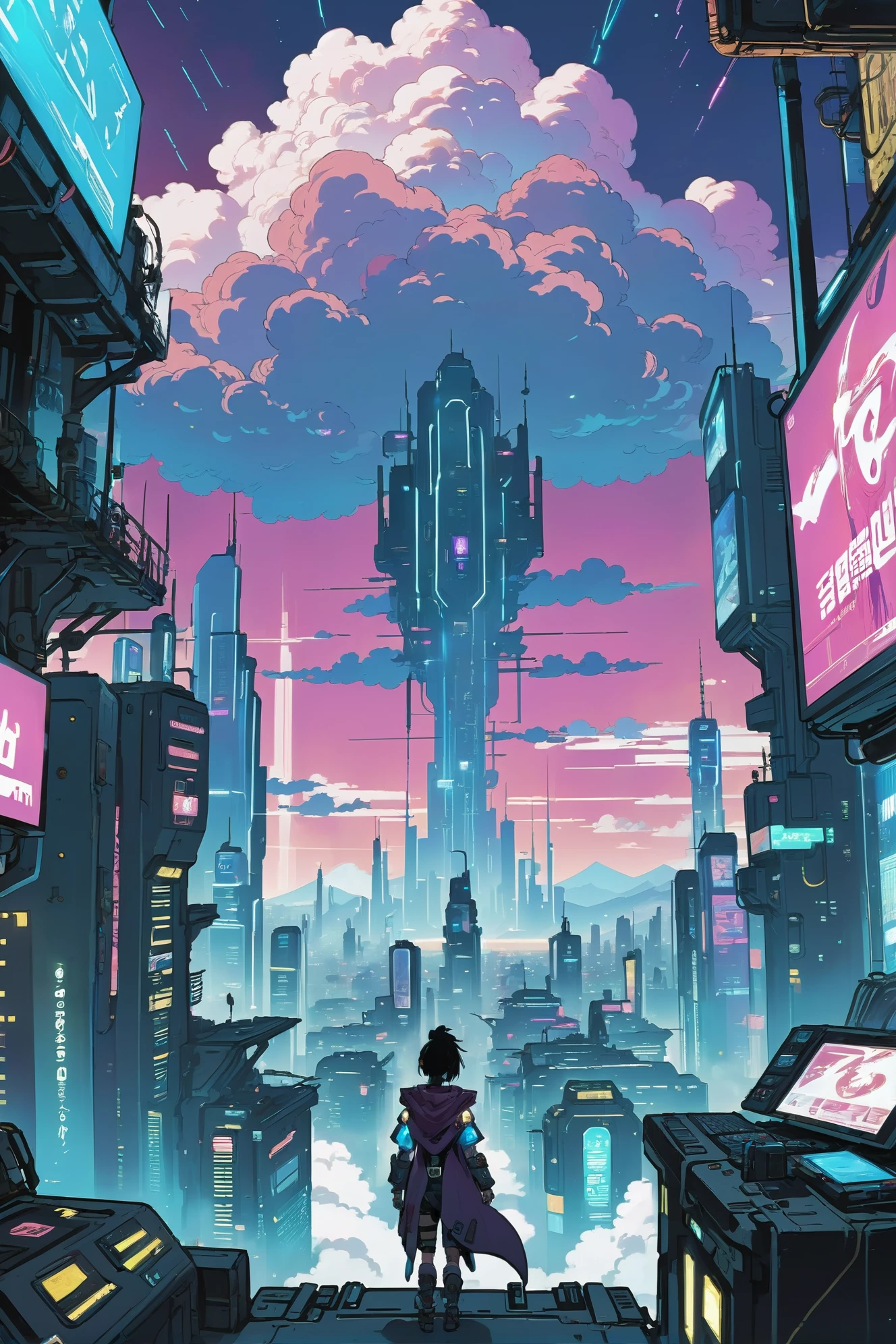 anime style, solid colors, sharp outline, flat shading, cyberpunk, fantasy, solemn,Phantasmal fantasy cloud city beyond the end of reality<lora:EnvyBetterHiresFixXL01:0:hr=1><lora:mega2clearXL:0.5>