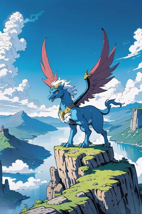 anime style, solid colors, sharp outline, flat shading, morning, blue sky, clouds, scenery, in a Evanescent Griffin's Cliff<lora:EnvyBetterHiresFixXL01:0:hr=1><lora:mega2clearXL:1>