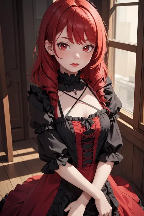 (masterpiece, best quality), 1girl, red hair, medium chest, gothic frill dress, pervert face, <lora:add_detail:1>