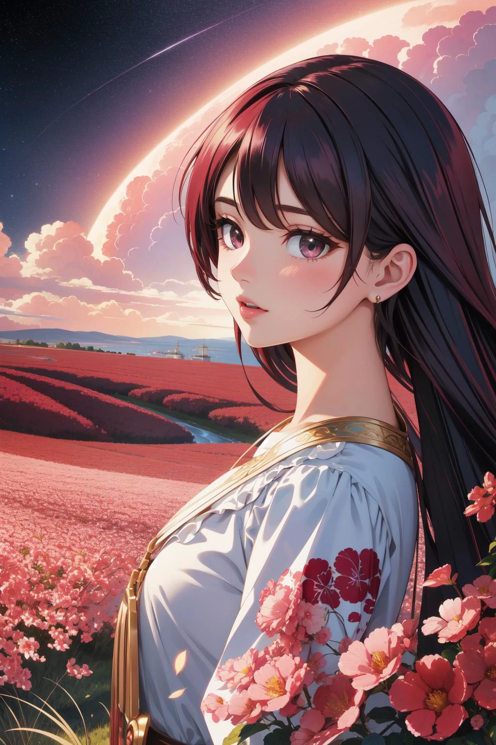 1girl, [ (scene art by Joel Rea:0.7) | (Richard T. Scott:0.9) ], landscape art, colorful Digital art, stylized, Long exposure of a [highborn:Alhambresque:5] Passionate contrasting colors ("Yesteryear":1.3) , Preposterous space in background, crowded grass and Tidal forces in background, Spring, deep focus, Detailed illustration, Depressing, Cartooncore, Accent lighting, 800mm lens, three colors, Burgundy palette, icon style, octane engine, absurdres, close-up, ornate