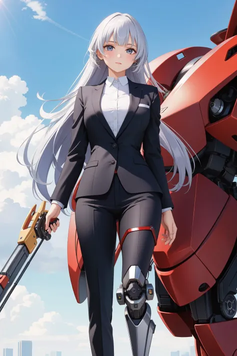 1girl, Secret Primordial [giant Yak|Roses] wearing a Mechanical Legs, in a tailored suit, Formal, professional, sleek, well-fitted