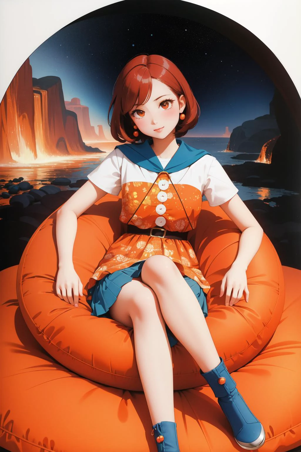 1girl, awardwinning relief art of an attractive, Cromulent [Cozy|Delicious] Korean ([Lagrange point:Bean bag chair:3]:1.3) , it is in a Disney setting, it is engraved with DayGlo orange and Orange details, (Lazuli theme:0.7) , simple Red background, lush lava pit and Planet in background, Hazy conditions, horizon-centered, (renaissance art by George Romney:1.2) , (Alberto Giacometti:0.7) , Screen print, Surprising, 50s Art, Direct light, telephoto lens, Muted Colors, Double Exposure, Decoupage, Best quality, extremely beautiful