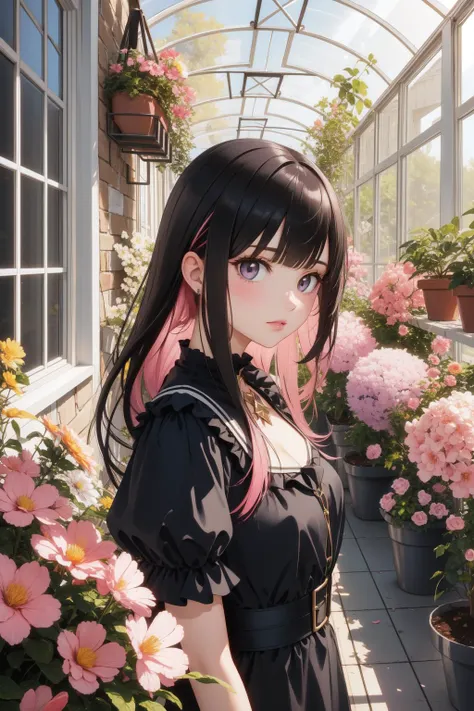 1girl, (designed by Richard Hamilton:0.7) and (Edvard Munch:0.8) and (Ricardo Bofill:1.2) , dark Painting, Golden ratio, landscape of a ([United States|The Mount Rushmore]:1.3) from inside of a Greenhouse, it is very Disruptive and Glowing, Pink flowers and garden, Spring, Ultra Real, Confused, Hermitpunk, rim light, Depth of field 270mm, Warm Colors, Complex background, sfumato, Concept Art World, professional, gothic