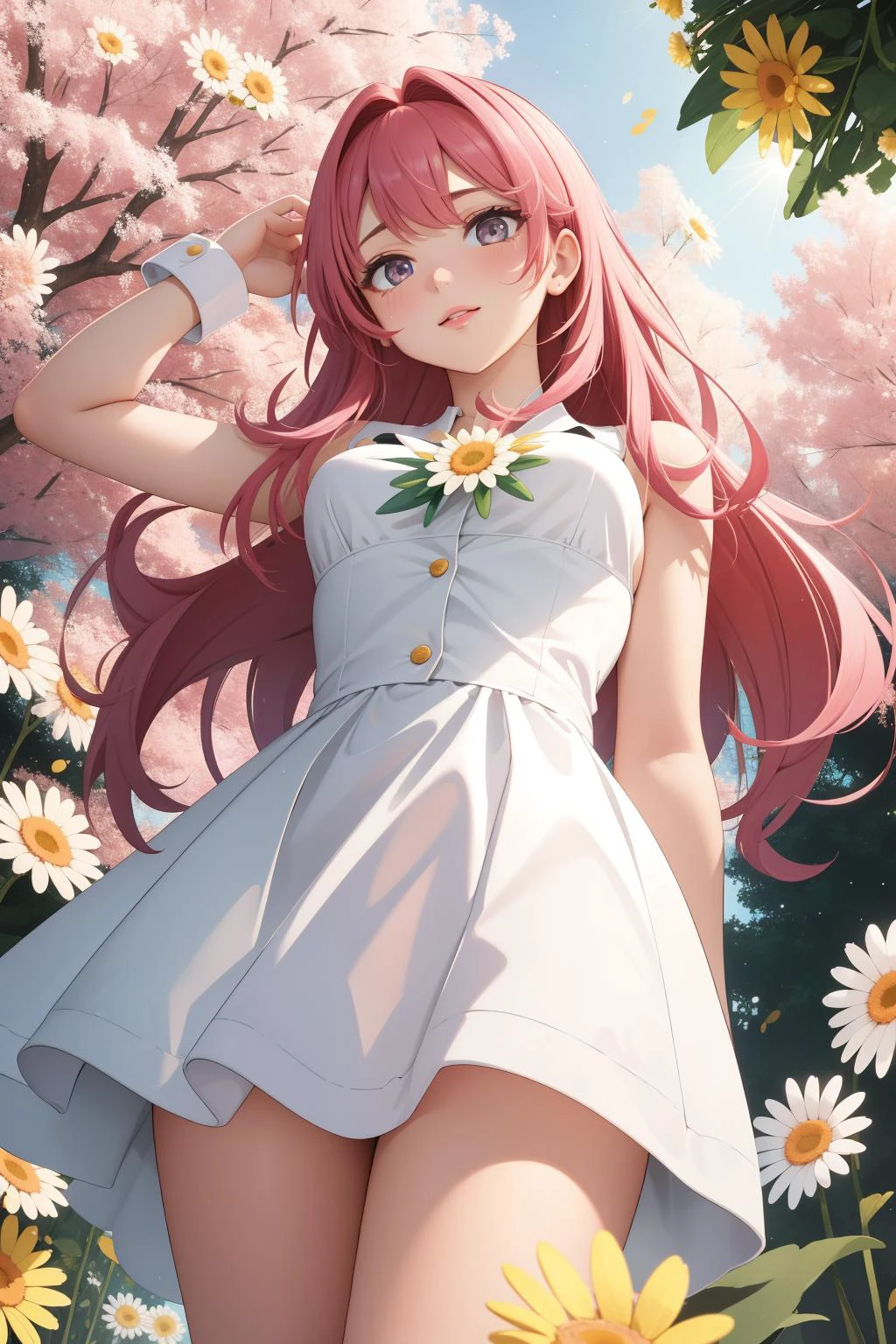 1girl, 8k 3D Rendering, masterpiece, angle from below of a Cartooncore Expressive ([Oyster:Daisies:3]:1.3) looking like a chips, fall background, deep pink trees and Perseus constellation in background, Stormy weather, Bokeh, Maximalist, Shameful, Vaporwave Art, key light, Fish-eye Lens, two colors, MOBA style, Orton effect, professional, masterpiece, corporate, female, emotional