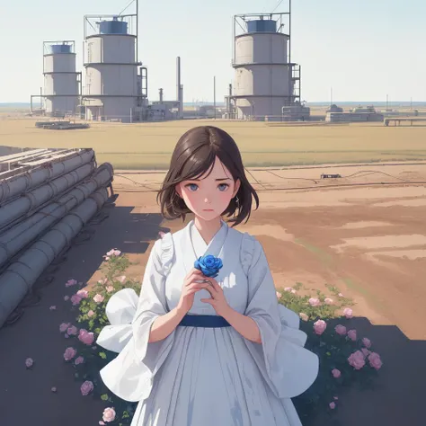 1girl, Shibori of a Fluxus Art, Tight White and Sky Blue ("The discovery of oil in Texas":1.2) , Pecan background, cityscape with Roses, deep focus, (designed by Jack Hughes:0.9) , Concept Art World