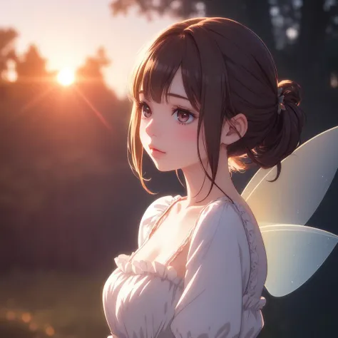 1girl, by Peter Jackson, Anime, Rich Uncle, fairy tale, Brunette hairstyle, at Sunrise, soft focus, Ethereal Lighting, Unsplash