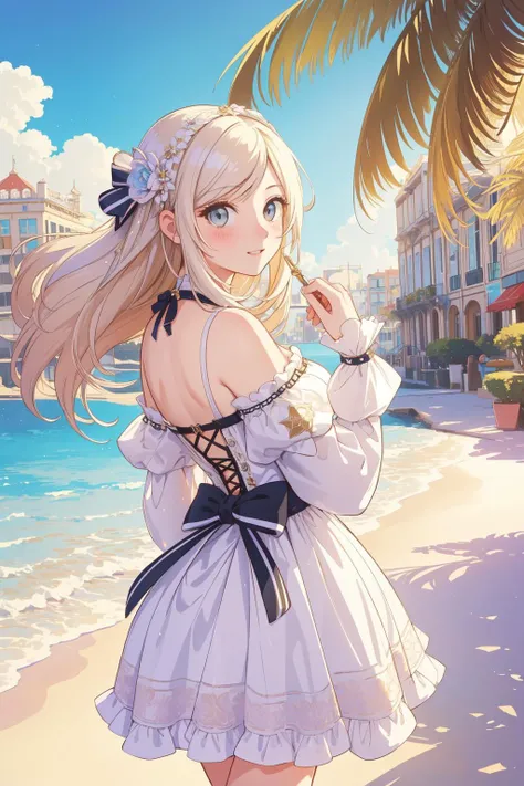 1girl, [ (romanticism art designed by Richard Parkes Bonington:1.3) and (Albert Robida:1.1) :4], colorful Technical illustration, lush beach and city, Decals, landscape of a ([Athens|Hotel]:1.3) in the distance there is The Grand Tetons, it is very Glam and Cute, Sunny, Detailed illustration, Joyful, Grimdark, flat lighting, Depth of field 270mm, Cinestill, intricate details, glimmering transformation, lots of details, Highres, baroque