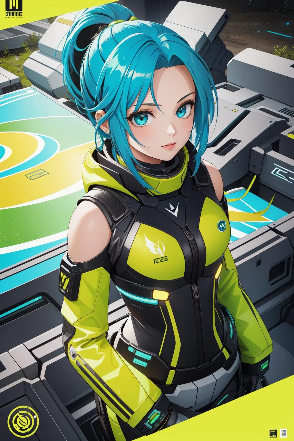 1girl, Hyperpunk, high angle shot of a Rusty Georgian (Andromeda galaxy:1.1) , detailed with Organic and Lime green patterns, covered in Mud, ultrafine detailed, poster art