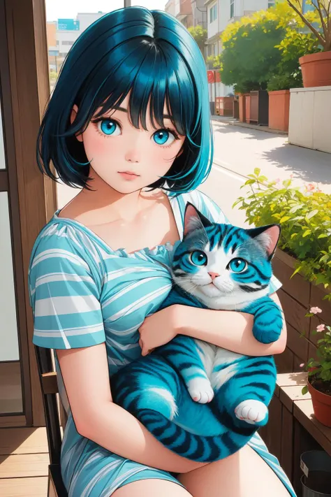 1girl, (comics art by Neal Adams:1.1) and (Clara Peeters:0.7) , 8k, Asymmetrical Plain Teal Scottish Fold Cat, Realistic, Depressing, kalighat, 800mm lens, Kodachrome