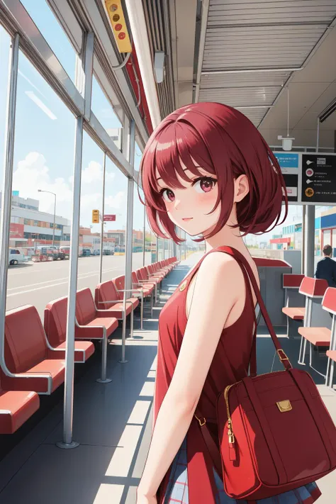 1girl, Burgundy Stadium, Distinctive and Funky, lovely details, from inside a Bus station, in focus, Simple illustration, Confused, Side lighting, (comics art designed by Scott Kolins:0.8)