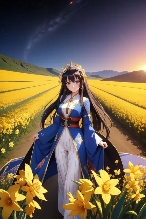 1girl, 8k Digital artwork, hyper detailed, landscape of a Kawaii [Quaint:Elevated:2] ([Sinkhole:Mongolia:4]:1.3) in the distance there is a Alpine, Morbid reeds with Daffodil, at Twilight, Cel shading, Tranquil, Golden ratio, Geometric Style, Motion blur, 80mm, BW, dark blue and deep purple fractal art, electric orange background, extremely hyper aesthetic, 4K, [ (dark art designed by Dino Valls:0.7) , (Stanley Kubrick:1.1) , (Atelier Olschinsky:1.1) :3]