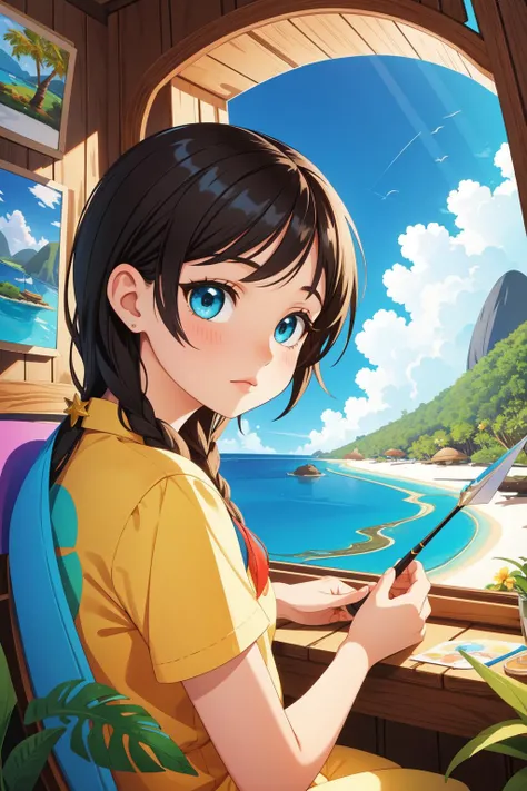 1girl, (portrait art stylized by Howard Finster:0.9) and (Vladimir Kush:0.8) , primitivism art, studio Renderman, electric yellow lake and fauna, fairy tale, landscape of a Magnificent Repulsive ([The Forbidden City of China:The Seychelles Islands:2]:1.3) from inside of a Boston, Spring, Sad, Digital Art, side lit, Fish-eye Lens, Offset print, (Psychedelic and Cyan:0.7) , MOBA style, Highres, professional, fractal, fun, artistic