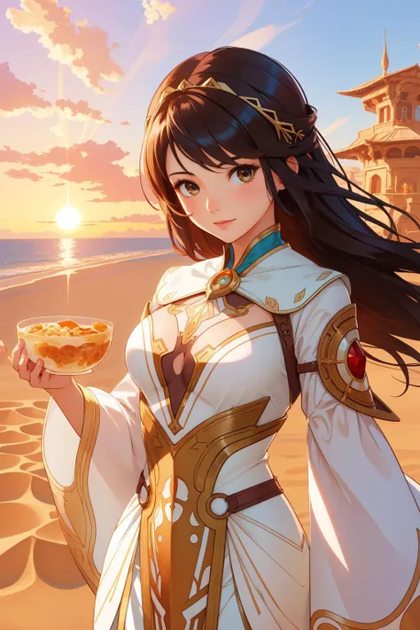 1girl, art by artgerm, greg rutkowski and alphonse mucha, loish and wlop, Sand Sculpture of a breakfast, anthropomorphic reimagined as a path of exile game character, plain background, at Sunrise, F/5