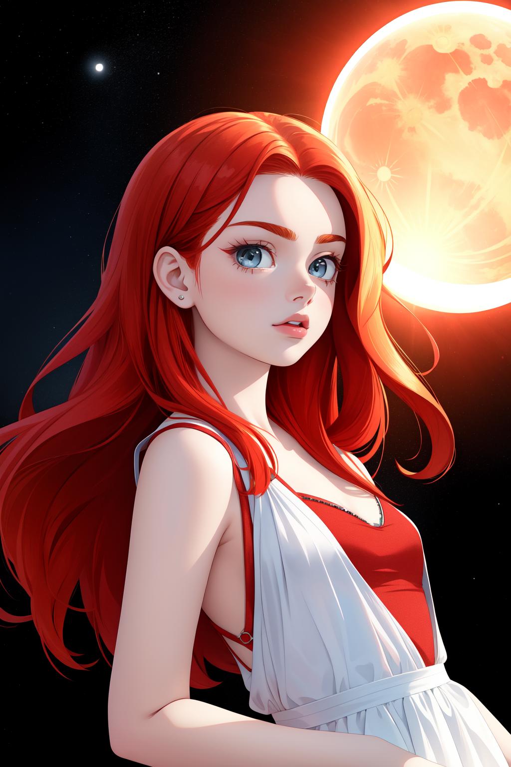 A woman with red hair and a white dress is standing in front of a full ...