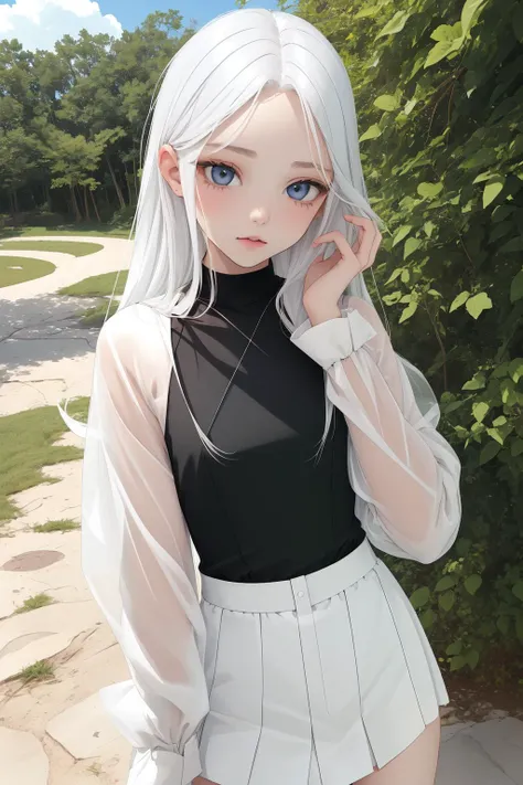 realistisch, Anime solo girl, small breasts, white hair, blaue Augen, Sweater and mini skirt in black and white, parted lips, Blush, Nacht, Blumen, Sonne, Sonnenlicht,