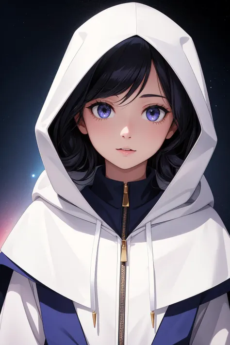 1girl, by Jerry Siegel, Rebecca Sugar,close up of a [Ewan|Marcello], Celestial, Hooded figure, Sharp and in focus, Frightening, Christcore, Long exposure, Canon RF, Selective focus, Instagram